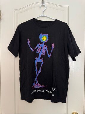 Cactus Plant Flea Market Black Tee with Blue & Pink Skeleton and Yellow Smiley